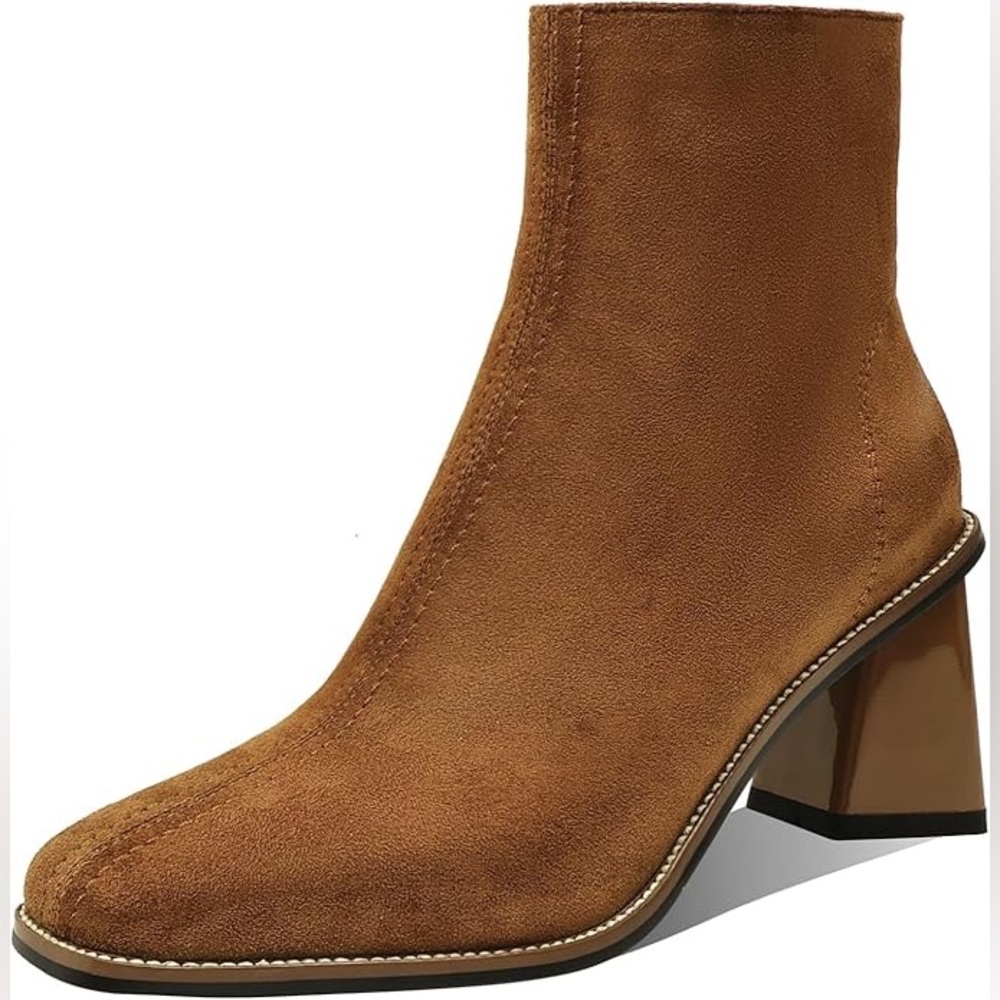 Amazon MOTIMODEN Ankle Boots Chunky Heel Booties Retro Square Toe Brown Size 9